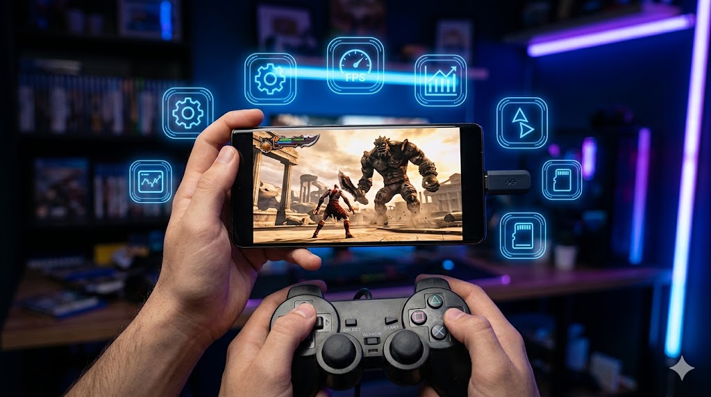 AetherSX2 emulador PS2 corriendo en móvil Android con mando bluetooth