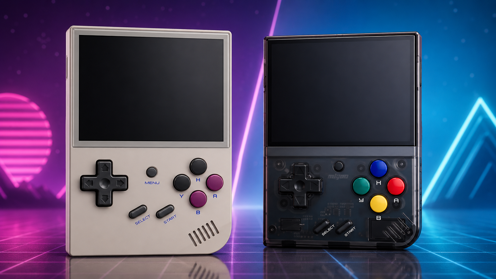 Anbernic RG35XX vs Miyoo Mini Plus: comparativa real 1 Comparativa entre Anbernic RG35XX y Miyoo Mini Plus, con ambas consolas retro portátiles colocadas una al lado de la otra.