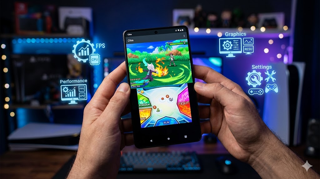 Citra emulador 3DS en móvil Android con juego de Pokémon corriendo fluido