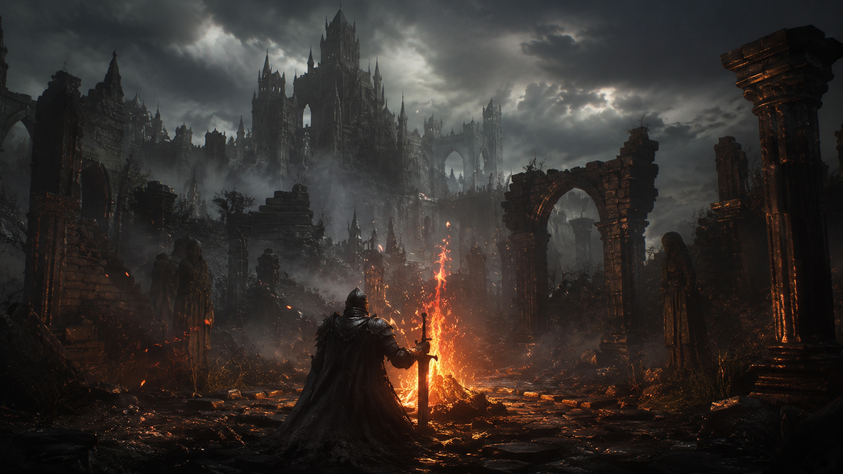 Dark Souls PS3: guía de la trilogía, builds y servidores 1 Dark Souls caballero con espada frente a hoguera en ruinas góticas