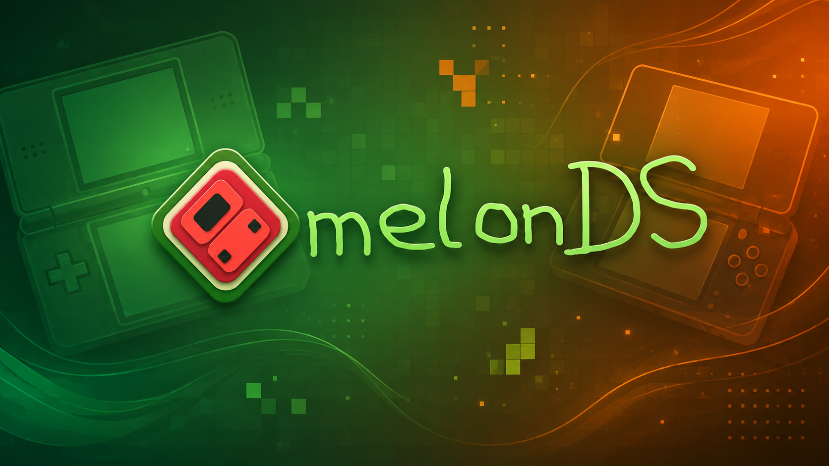Logo de melonDS con fondo inspirado en Nintendo DS, emulación de doble pantalla y estilo gaming.