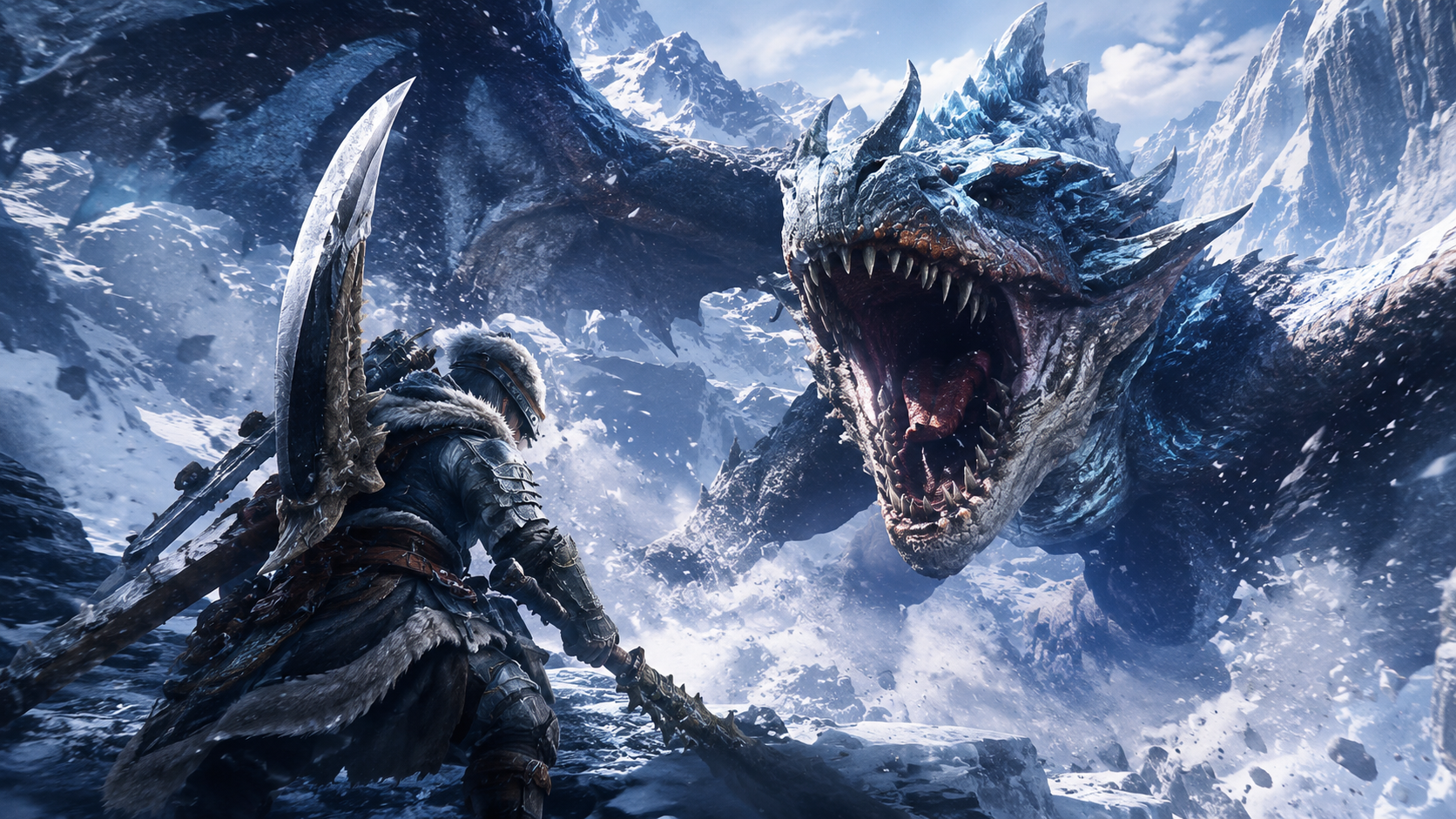 Cazador enfrentándose a un monstruo en la nieve en una escena inspirada en Monster Hunter Freedom Unite para PSP.