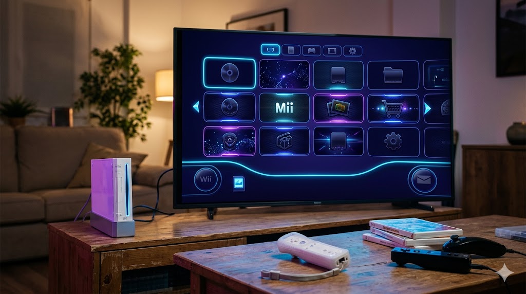 MyMenuify en Wii: cómo instalar temas para el System Menu 1 Nintendo Wii mostrando un System Menu personalizado con tema oscuro instalado mediante MyMenuify