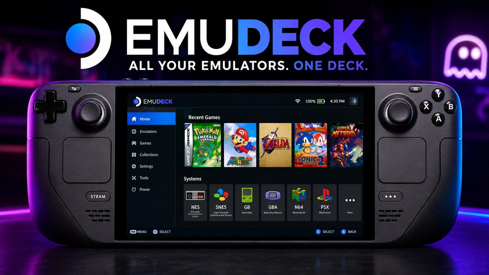 EmuDeck en Steam Deck con interfaz de emuladores retro y diseño gaming con luces neón.