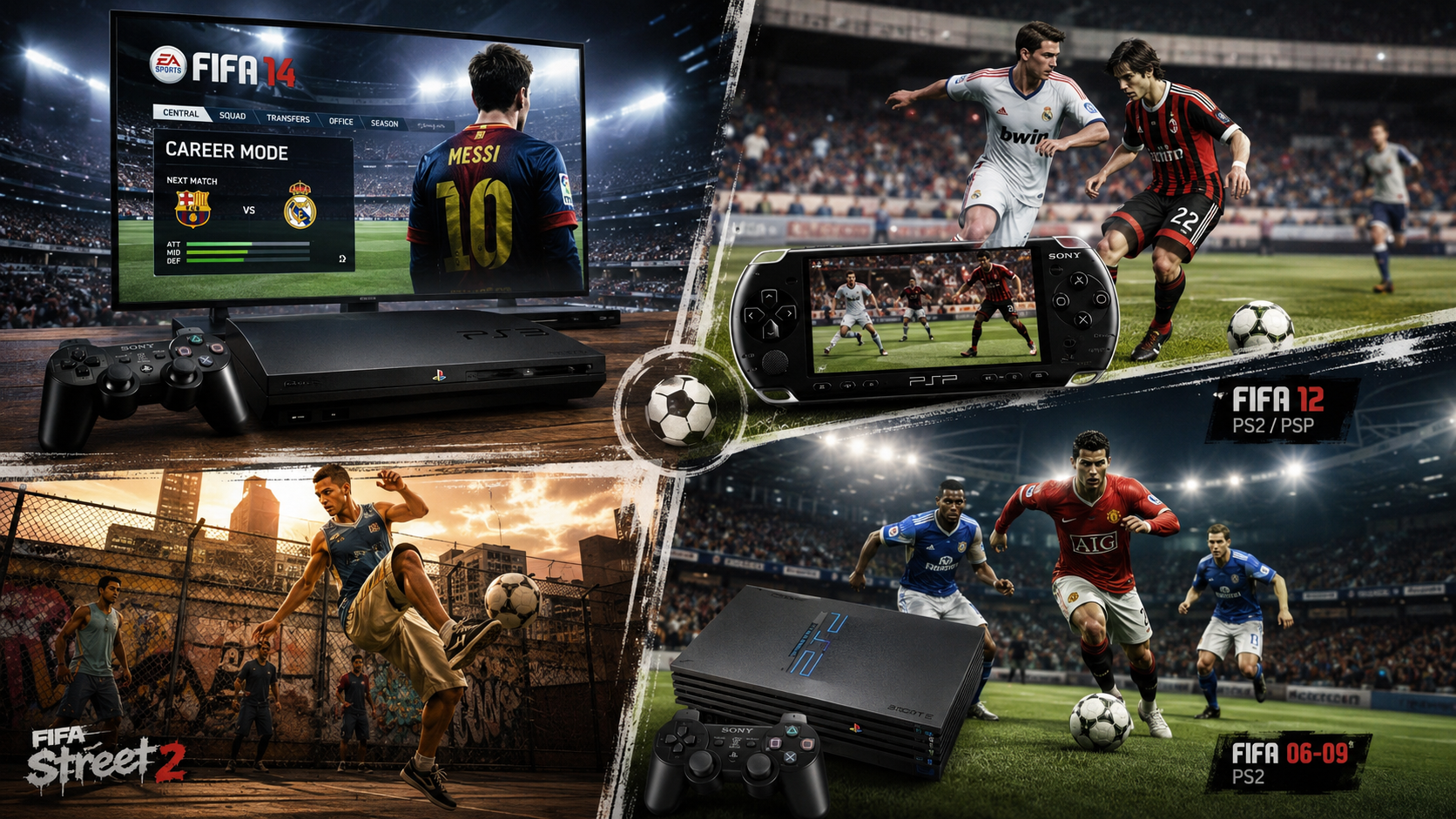 FIFA retro en 2026: los mejores FIFA clásicos para PS2, PS3 y portátiles 1 Collage de FIFA retro con FIFA 14 en PS3, FIFA 12 en PS2 y PSP, FIFA Street 2 y FIFA 06 a 09 en PS2.