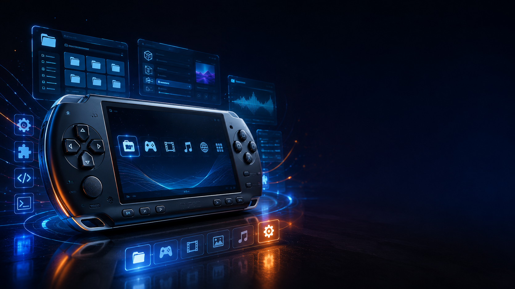 IRShell en PSP en 2026: el shell alternativo más potente para tu consola 1 Consola PSP con interfaz holográfica moderna representando IRShell como shell alternativo avanzado