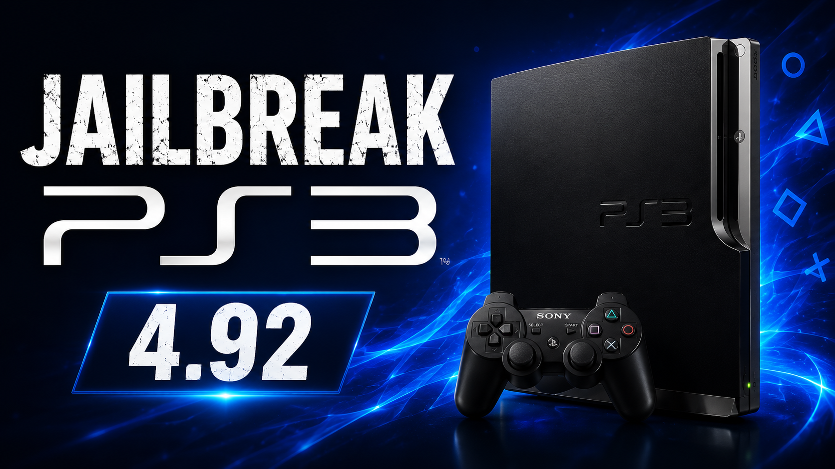 Jailbreak PS3 4.92 en 2026: instalar CFW y HEN paso a paso 1 Jailbreak PS3 4.92 con consola PlayStation 3 y mando sobre fondo azul tecnológico.