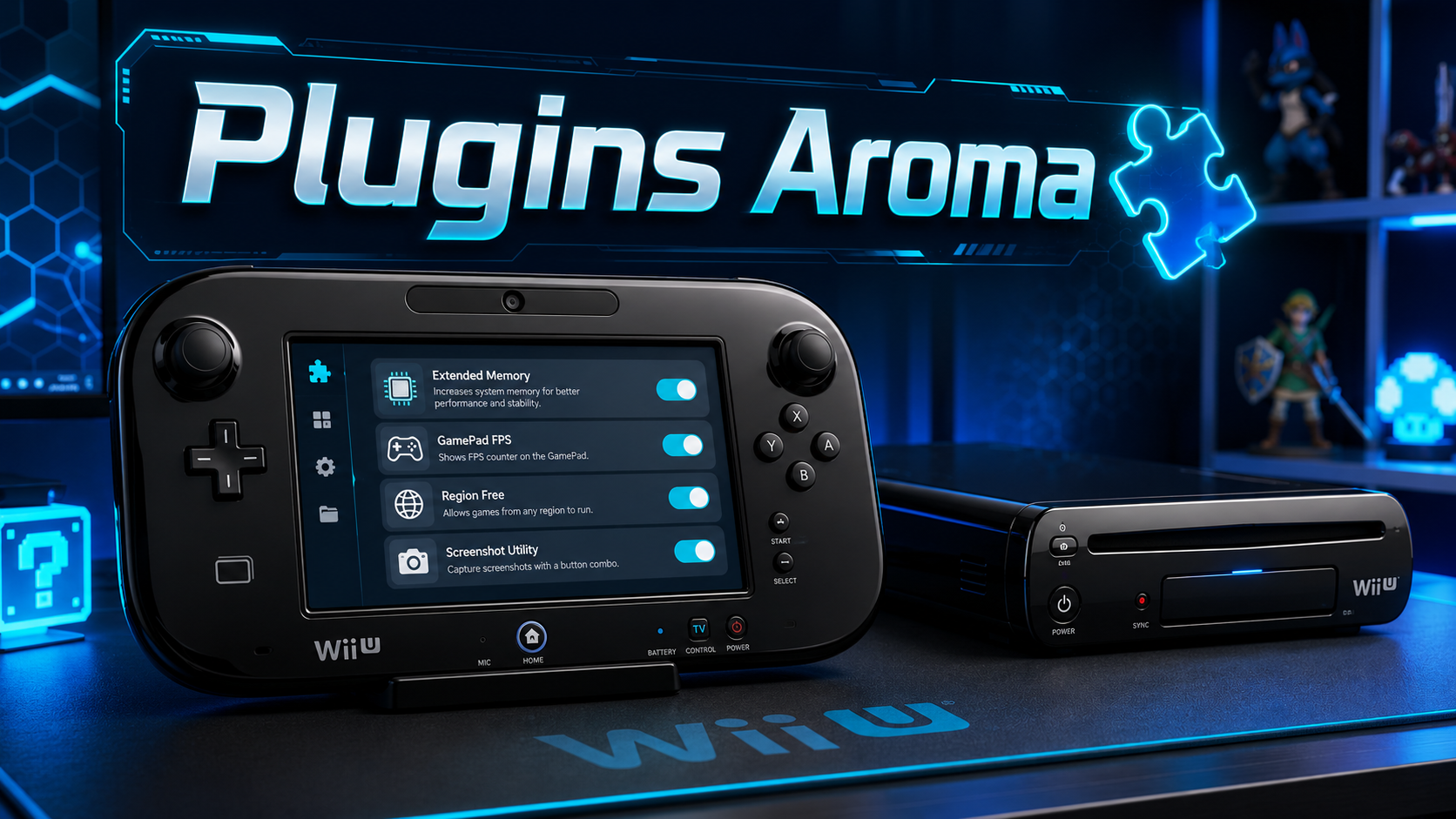 Plugins Aroma para Wii U mostrados en el GamePad con consola Wii U y diseño azul futurista.