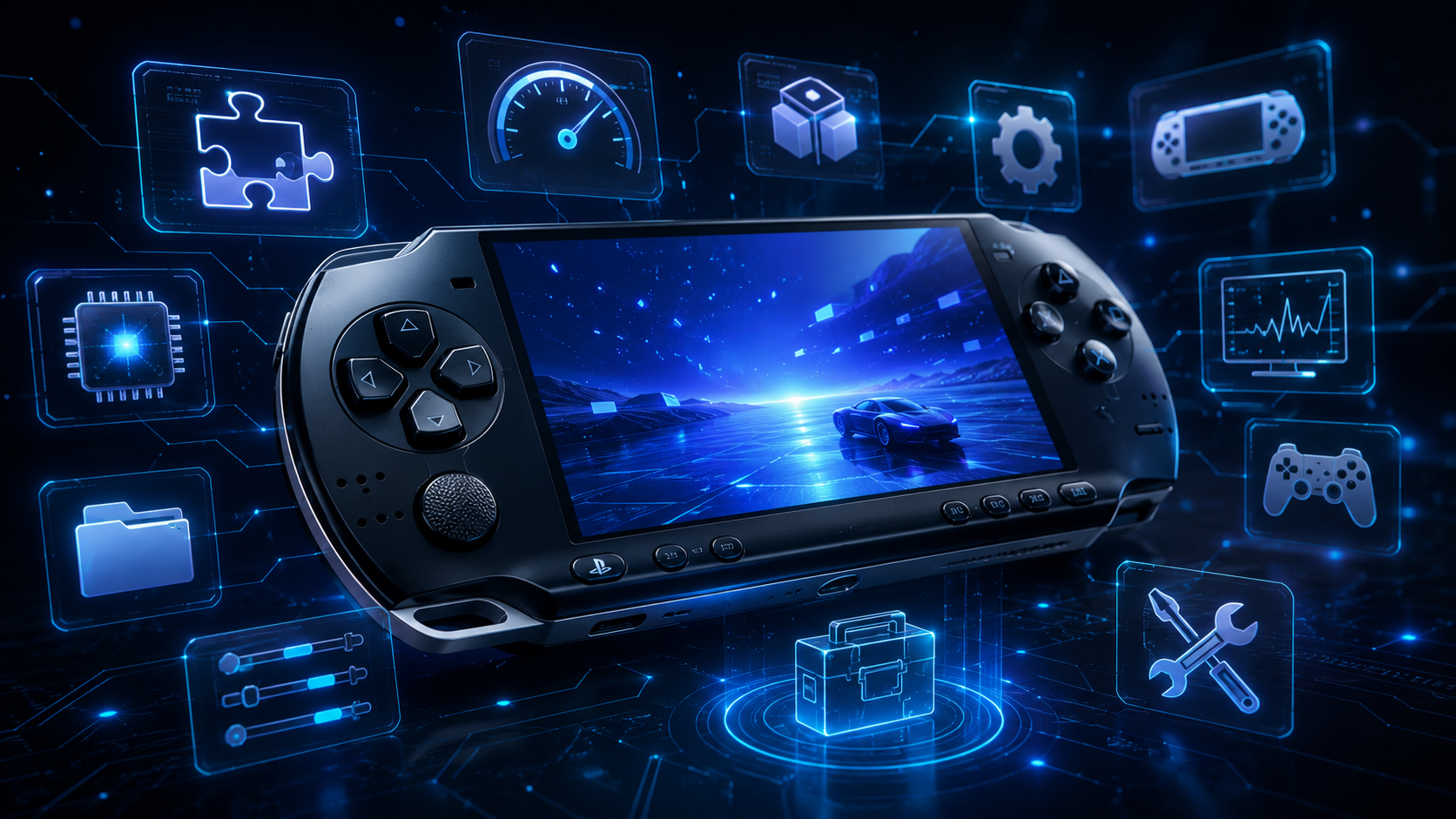 Plugins recomendados para PSP en 2026: los mejores para CFW 1 Consola PSP con interfaz futurista de plugins y herramientas CFW para personalizar el sistema.
