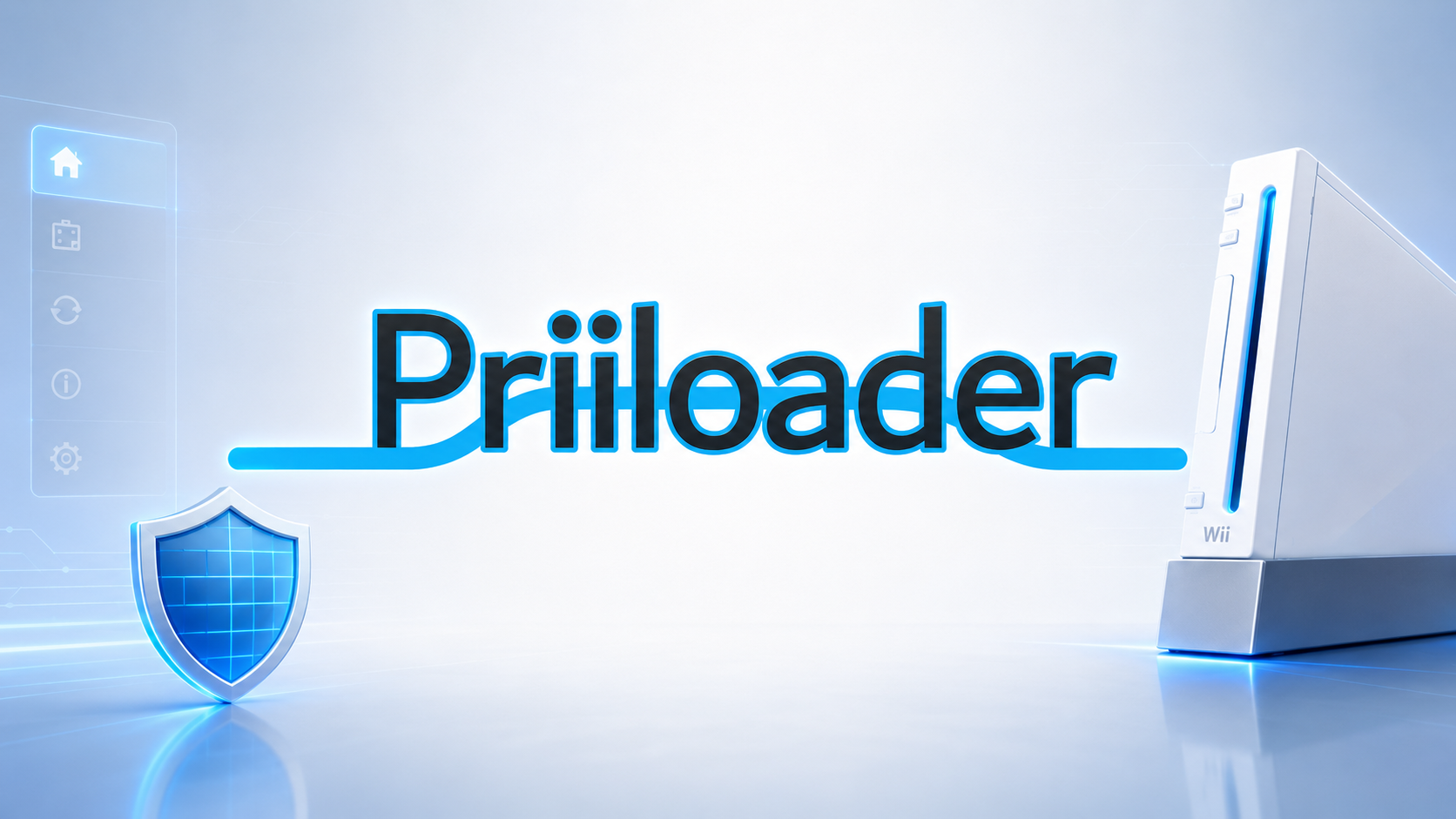 Priiloader en Wii: instalación y opciones esenciales 1 Priiloader para Wii con consola, menú del sistema y escudo de protección para recuperación y arranque seguro.