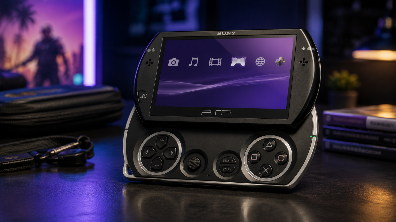 PSP Go con pantalla deslizante abierta en un setup retro gaming con iluminación morada.