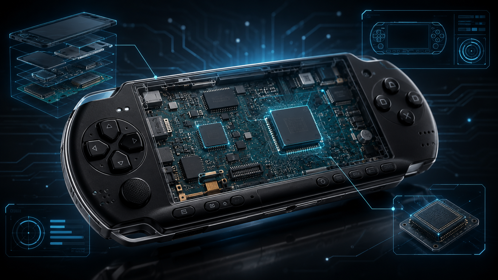 PSPident en 2026: identificar el modelo y la placa base de tu PSP 1 PSP abierta mostrando su placa base y componentes internos para identificar el modelo de la consola con PSPident