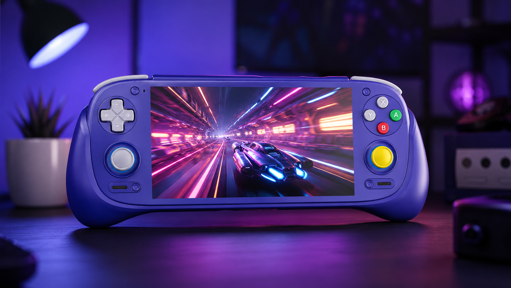 Retroid Pocket 5 en color morado sobre un escritorio gaming con pantalla encendida y ambientación neón.