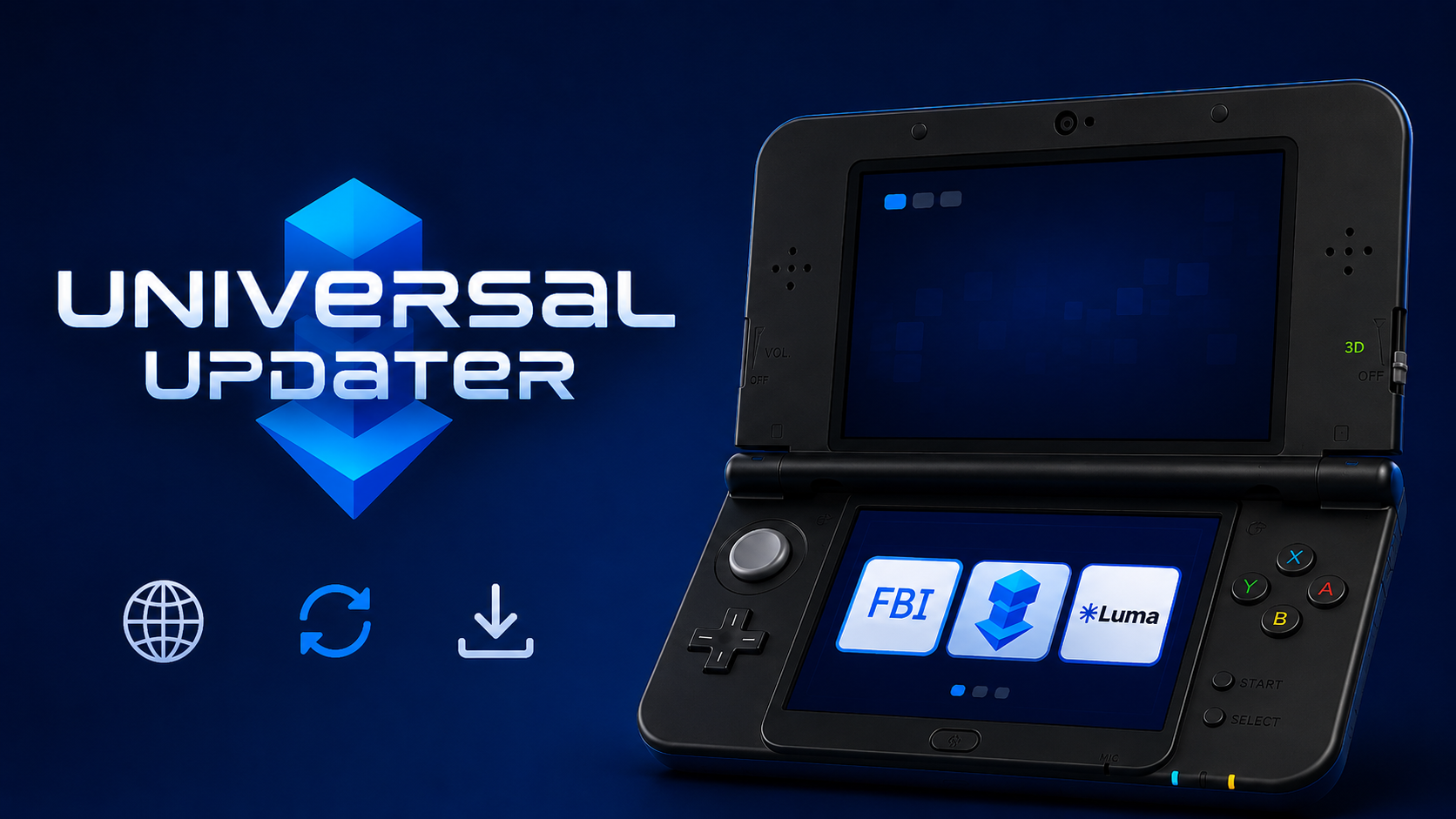 Universal Updater para Nintendo 3DS en una consola portátil con iconos de homebrew y diseño en tonos azules.